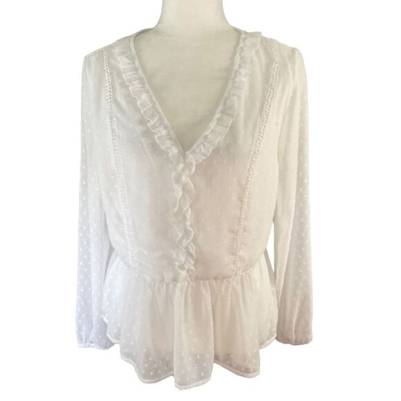 Japna White Swiss Dot Peplum Botton Long Sleeve Boho Blouse Size L - Picture 1 of 12